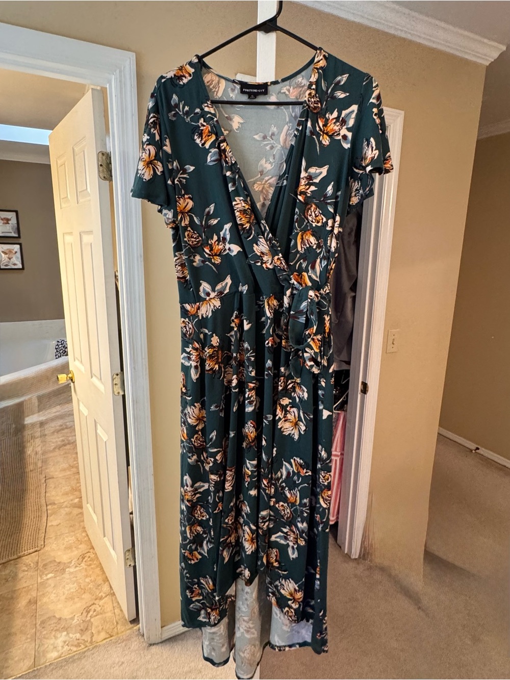 Womens Green Floral Wrap-Style High-Low Dress